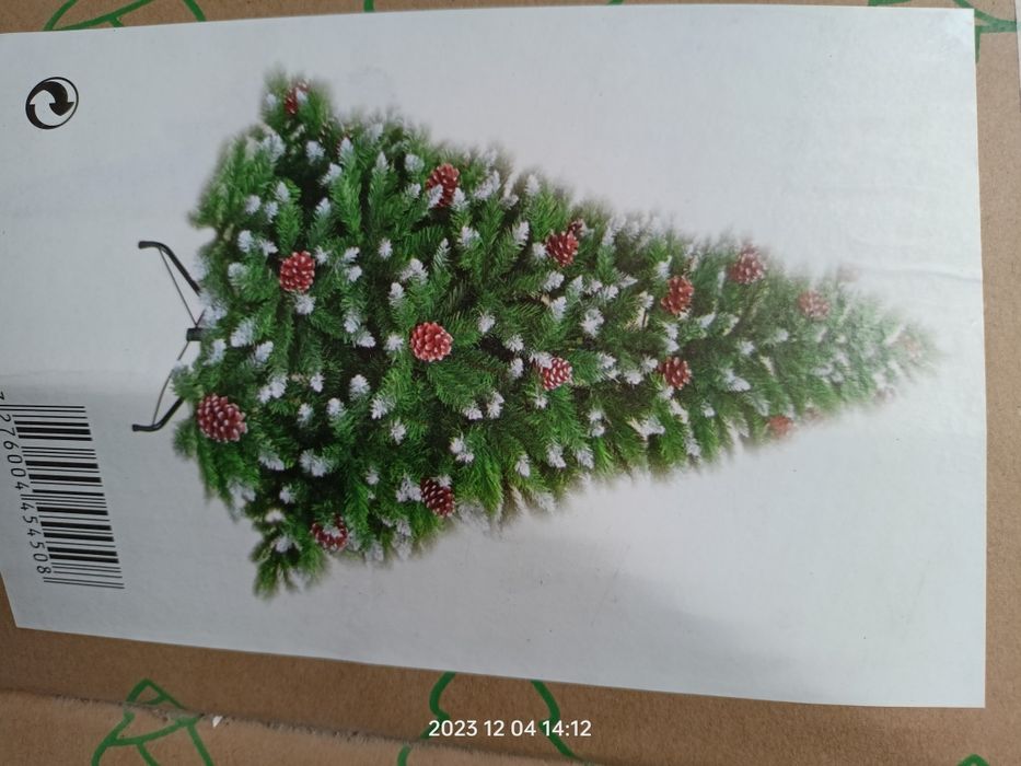 Brad artificial 210cm, verde, cu conuri și vârfurile ram. albe+suport