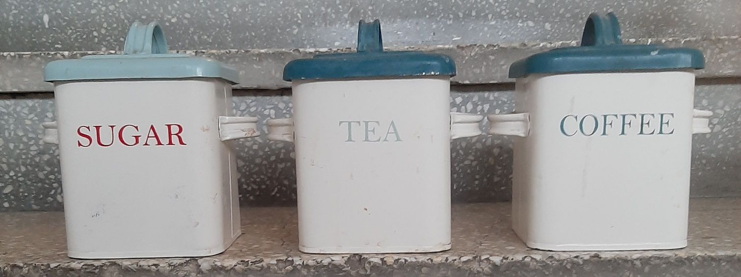 Set 3 cutii vintage, tablă emailată, pentru ceai, cafea, zahăr