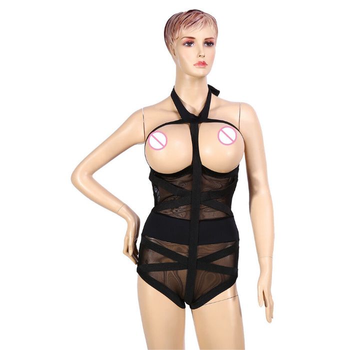 Lenjerie body plasa negru cu decupaje