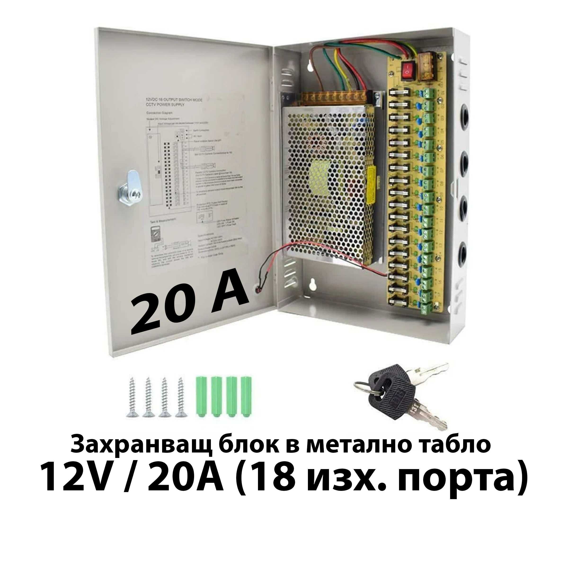 Тип продукт : Захранващ блок в метално табло 12V / 20A (18 устройства)