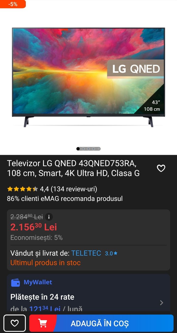 Tv LG Qned 108 cm, Smart, 4k Ultra HD