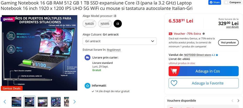 Laptop 16 inch Core i3-1000NG4 16 GB 512 GB nou sigilat