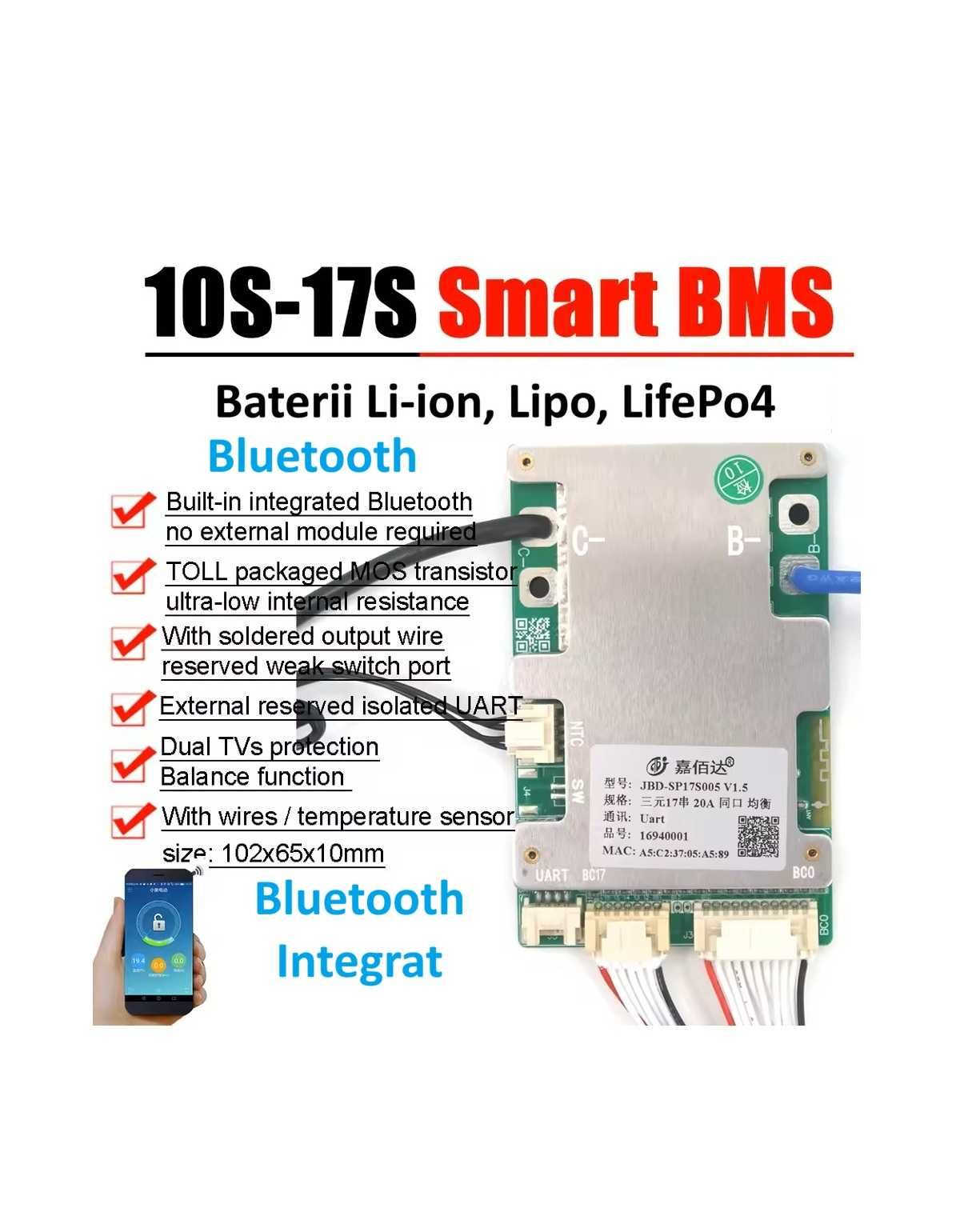 Smart BMS 7s 8s 9s 10s 11s 12s 13s 14S 15S 16S 17S + Bluetooth inclus
