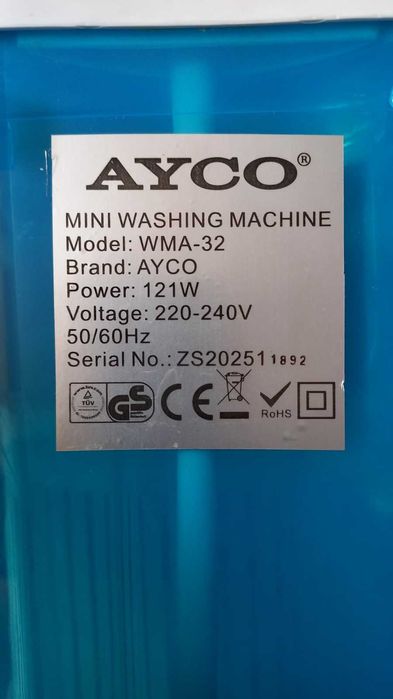 Мини пералня Ayco WMA-32, 121 W, 3 кг дрехи, Центрофуга 2 кг.
