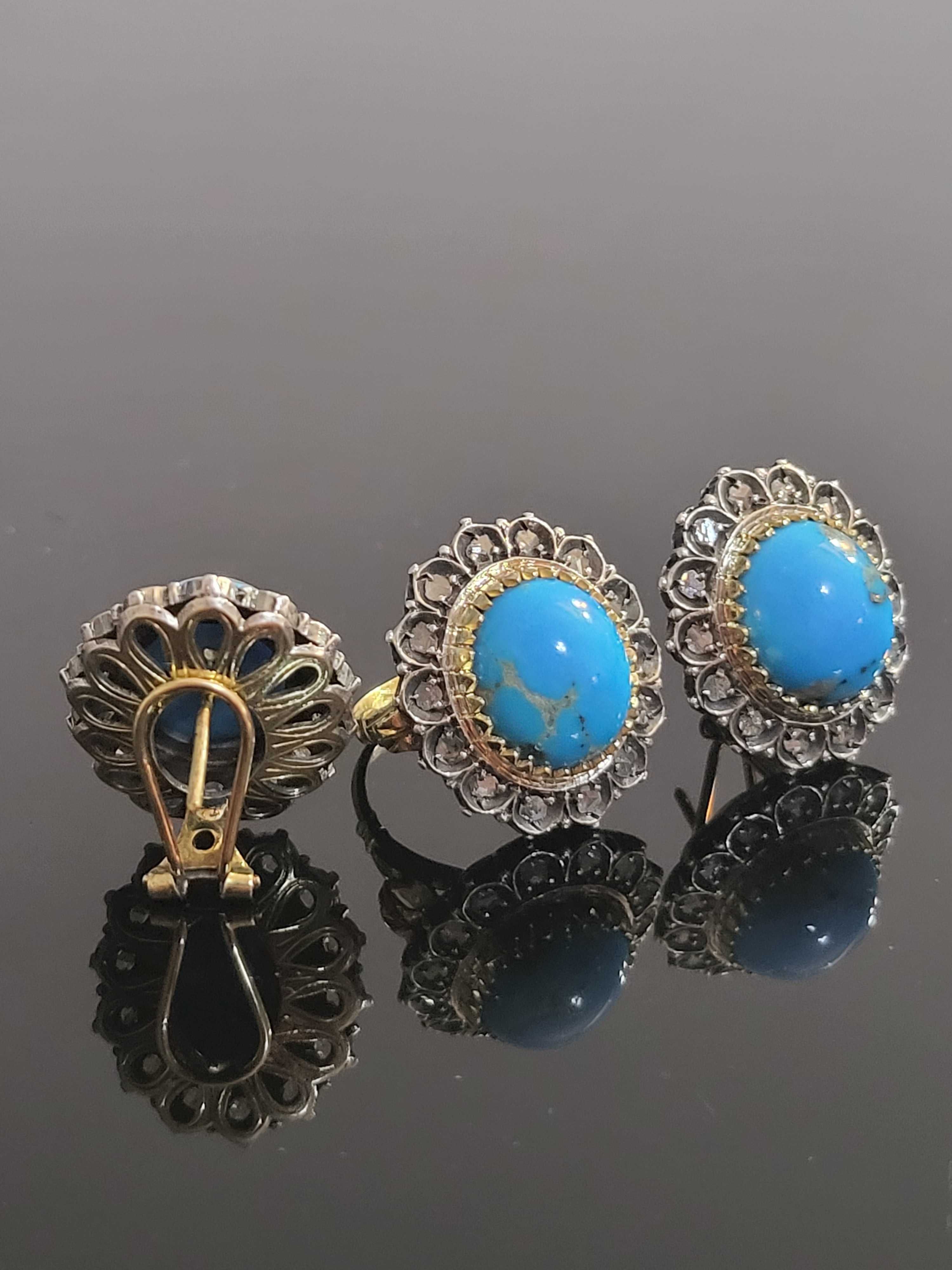 Superb set 1920-1940 Turcuoaze cabochon anturaj Diamante 18k