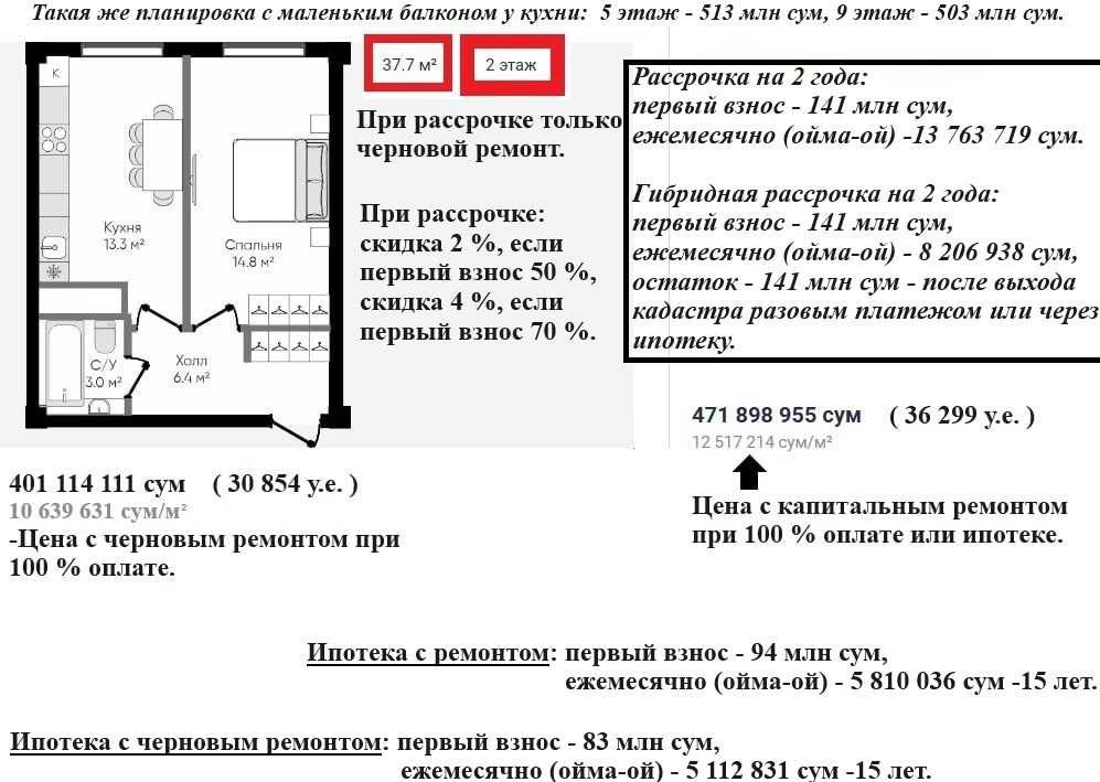 Новострой на 2026 г. 1/2/9 с отделкой. Или с ремонтом! 37.7м².+Ипотека