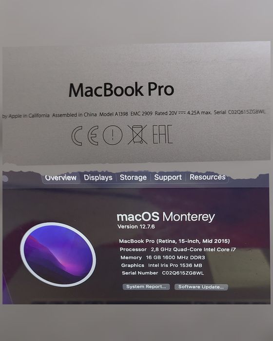 Laptop MacBook Pro Retina 15,4" mid 2015 I7 16gb 120gb ssd