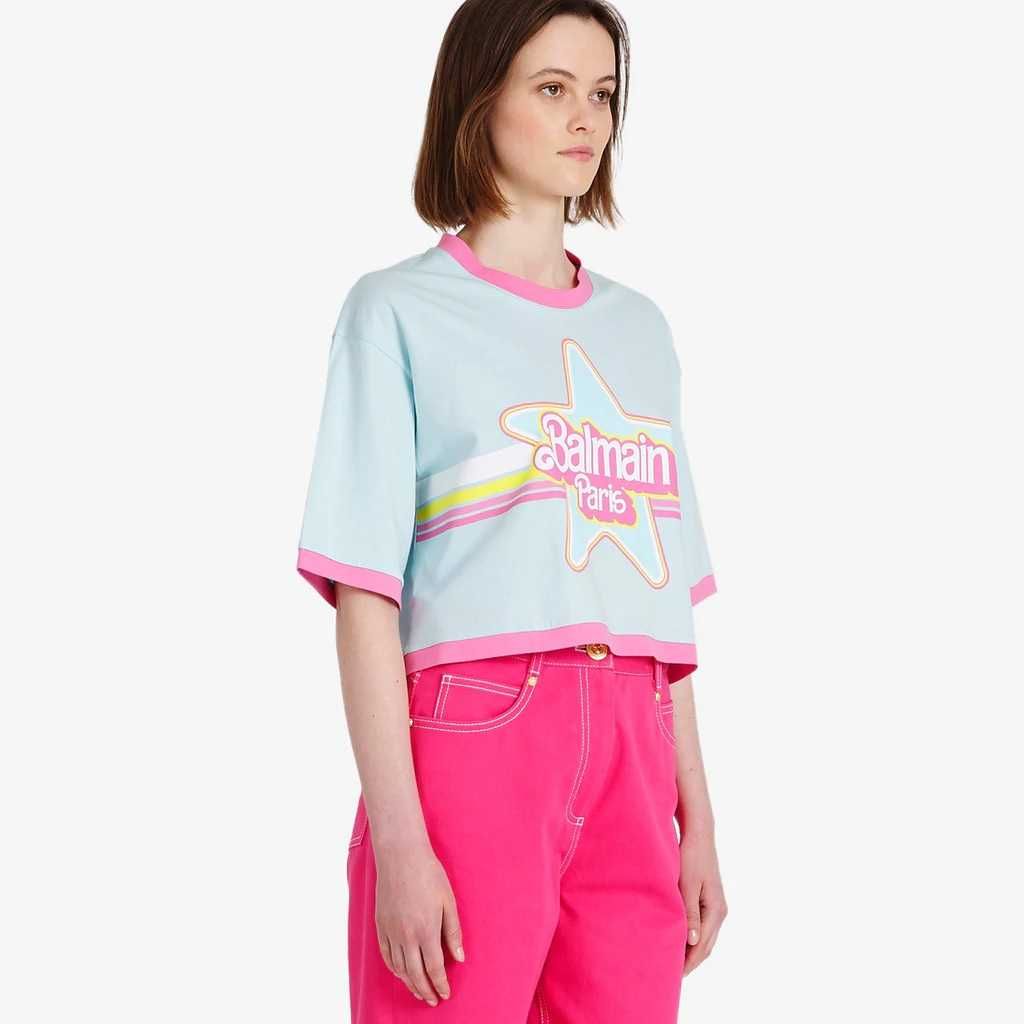 BALMAIN x Barbie Logo Print Cropped Oversized Дамска Тениска XS и M