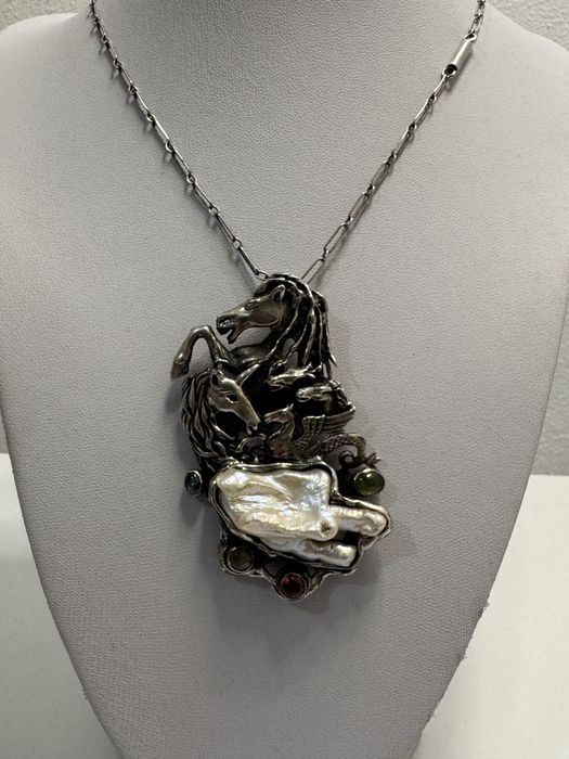 Pandantiv Argint 925 vechi, Art Nouveau. Perla baroc, aquamarin,granat