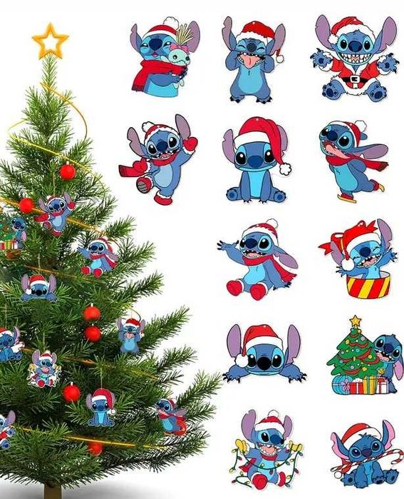 Коледна декорация Stitch/Стич –дървени топки, коледни чорапи и стикери
