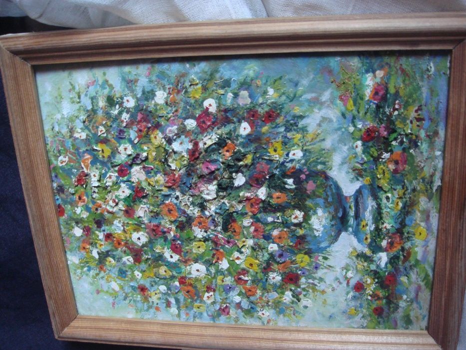 Красочная радостная Картина Маслом цветы объемные в вазе 20 см