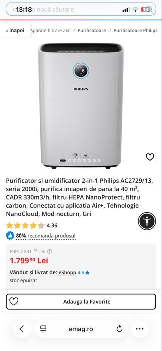 Purificator si umidificator 2-in-1 Philips AC2729/13