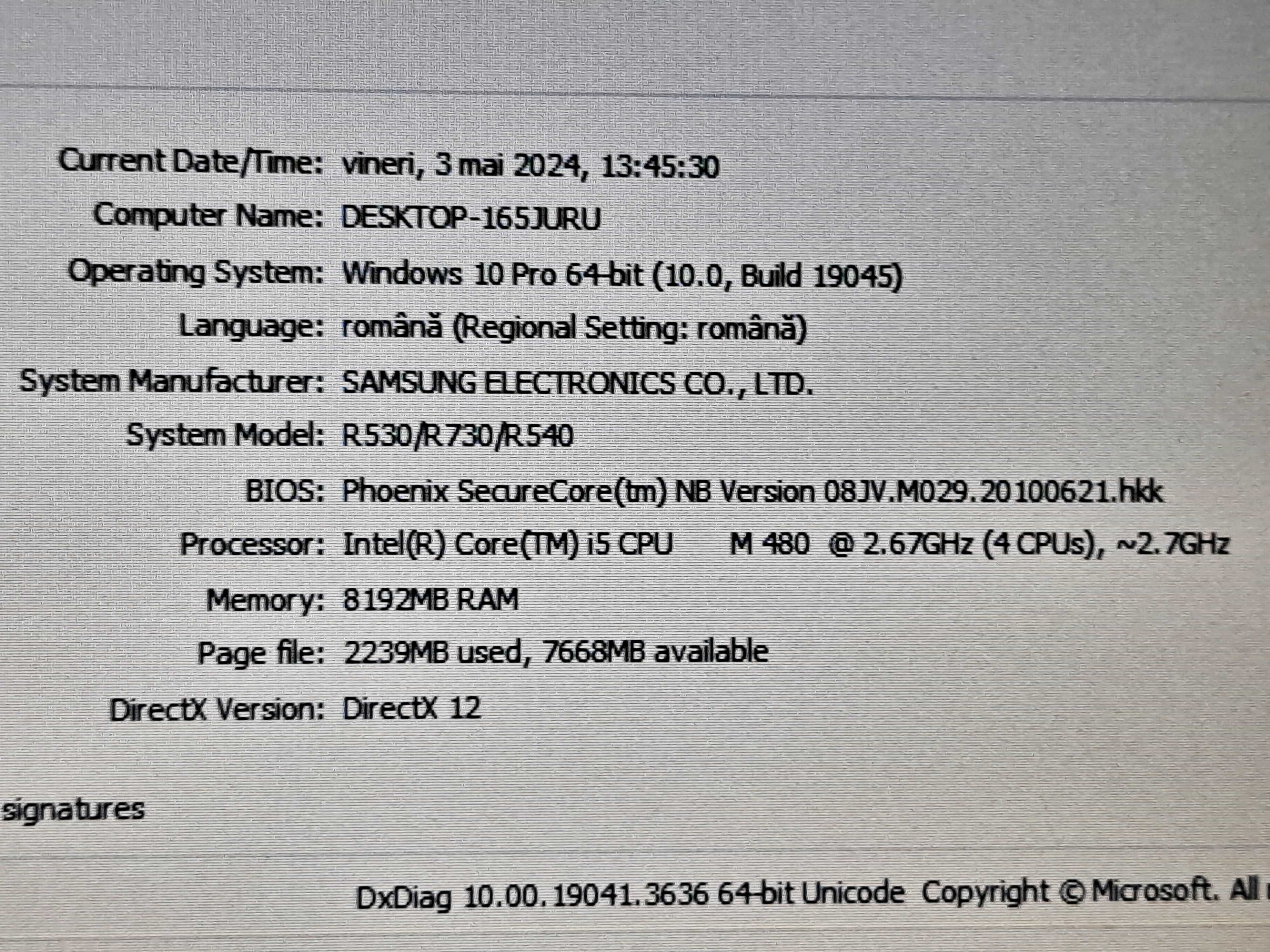 Vand laptop SAMSUNG / Procesor i5 ( 2,67 GHz ) / Ram 8GB / HDD 500 GB