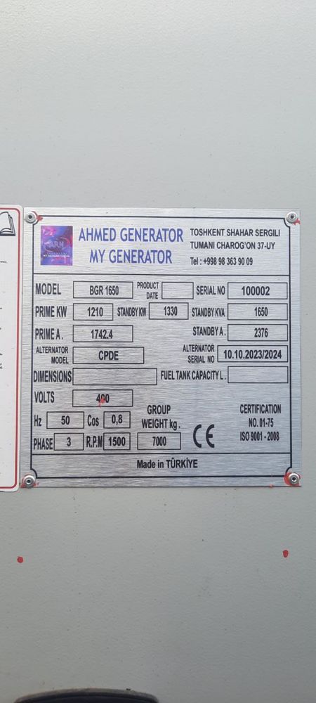 Generator AHMED Turkiya 1700 Kwa 1260 kw