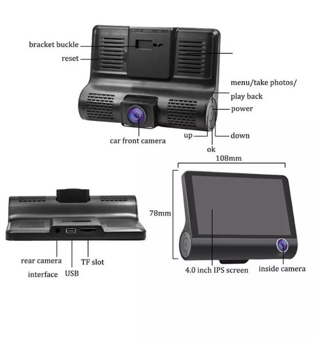 Намаление 2024 Видеорегистратор с три камери и дисплей - задна камера