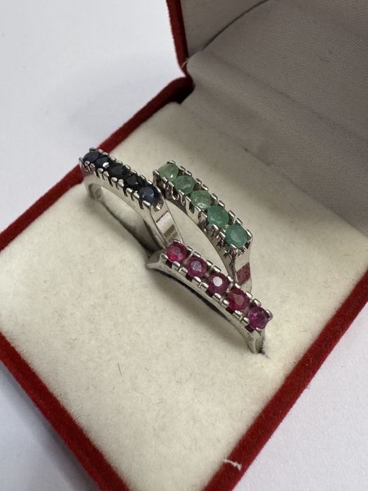 Set 3 inele argint 925, cu pietre pretioase (safir, smarald, rubin)