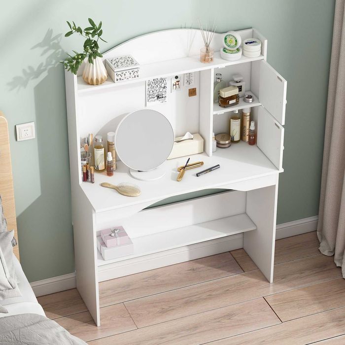 Тоалетка за грим с огледало, масичка за грим 2 шкафа с врати и 2 рафта