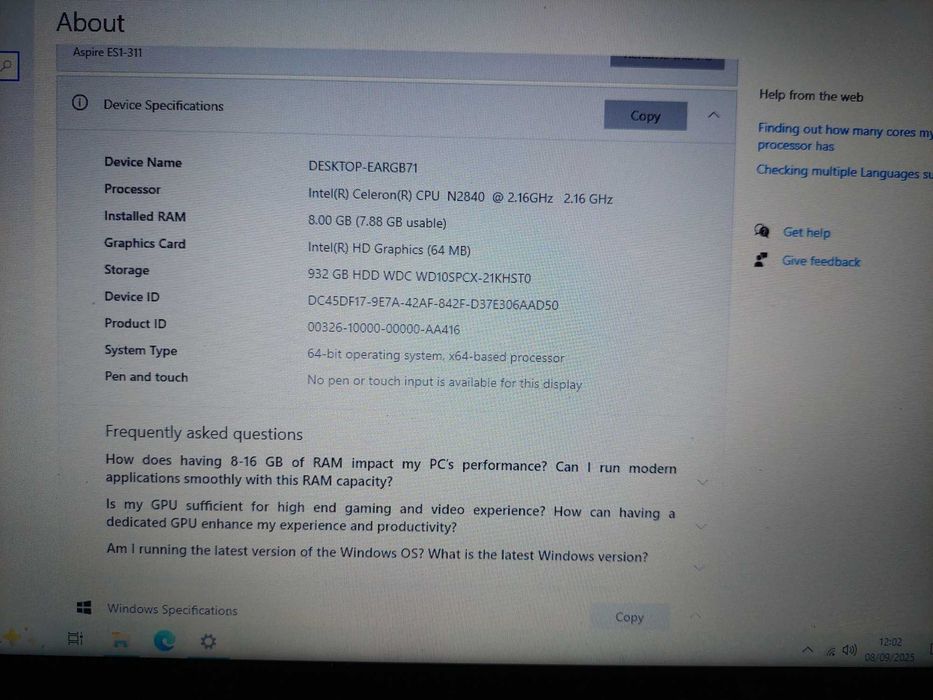 Laptop Acer Aspire, Intel 2,16 GHz, 8 GB DDR3, 1 TB HDD, diagnoză auto