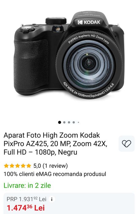 Kodak Pixpro AZ425, 20 MP, Zoom optic 42x