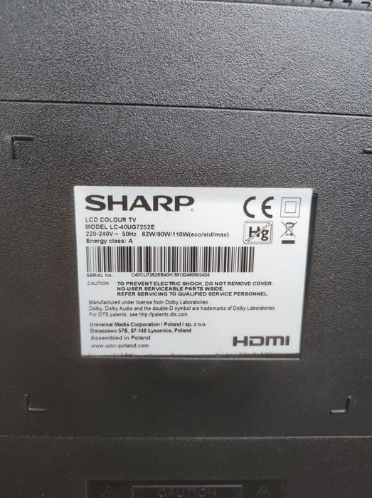 Телевизор SHARP 40' за части с дистанционно и крачета.