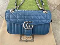 Gucci Малка Чанта Marmont Гучи Синя кожa Сребърно Лого Оригинална