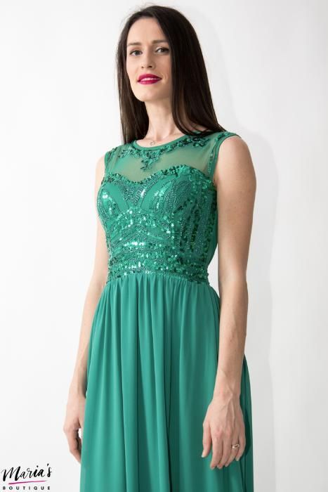 Rochie de ocazie verde smarald accesorizată cu paiete - mărimea M