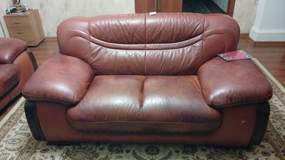Диван в комплекте Кожанный цвет коричневый мягкий удобный комфортный