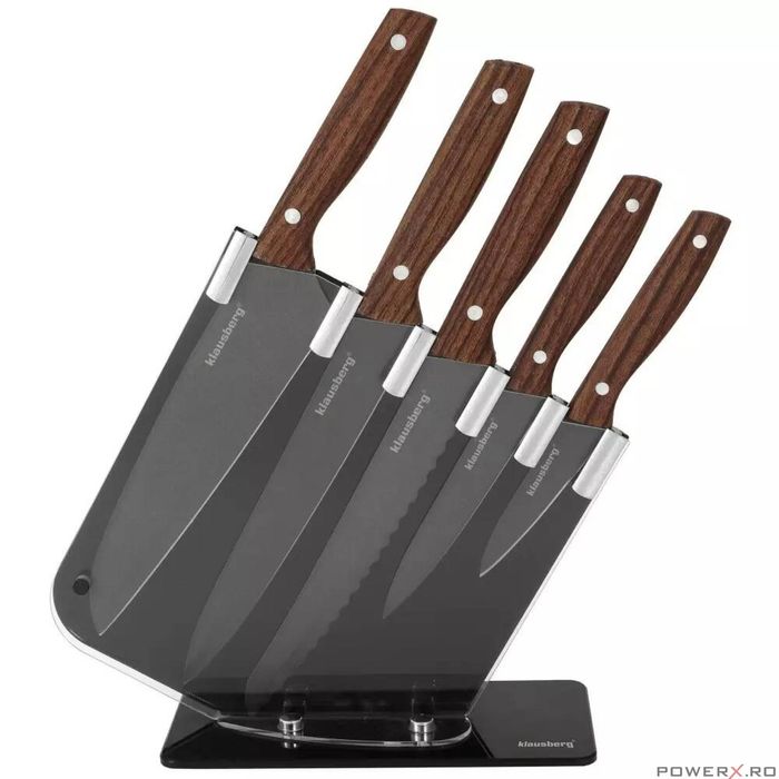 Set 5 cutite, cu suport negru, maner din lemn, Klausberg