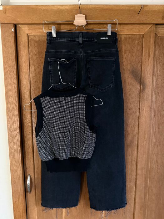 Diesel сет кроп дънки с висока талия и прав крачол кроп топ с камъчета