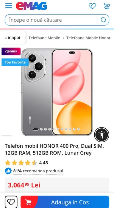 HONOR 400 Pro, Dual SIM, 12GB RAM, 512GB ROM, Lunar Grey, SIGILAT