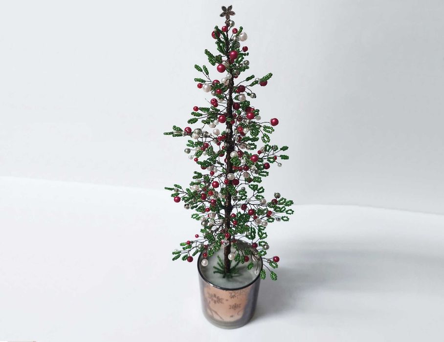 Brad Craciun decor unicat rosu, argintiu si verde inchis, inalt 36 cm