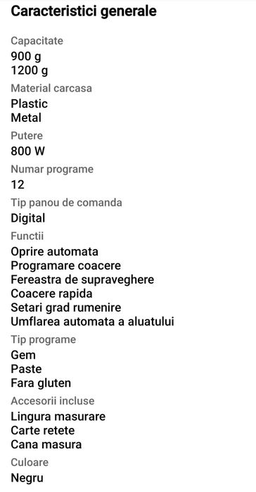 Masina de copt paine GORENJE , 1.2kg, 12 programe, 800W, negru