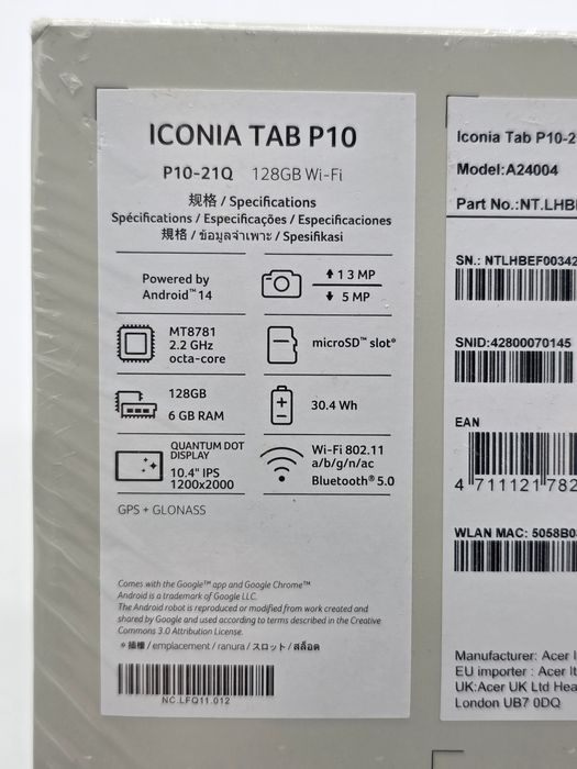 Acer ICONIA Tab P10 P10-21Q / Tabletă - Android 14-128 GB Card UFS - I