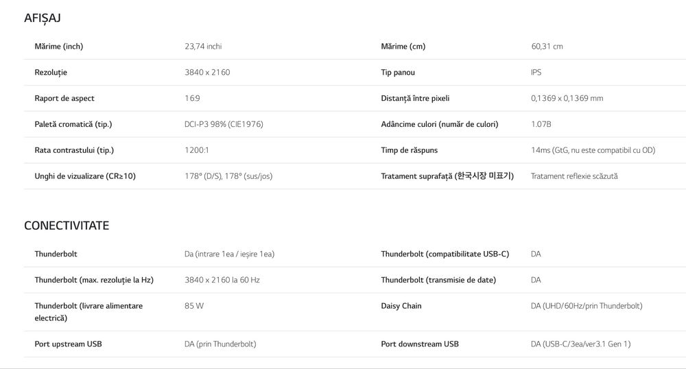 Monitor LG UltraFine 4K 23,7” Compatibil MAC
