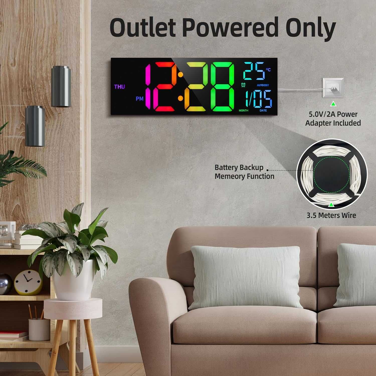 16" LED дигитален стенен часовник, дистанционно, температура, дата