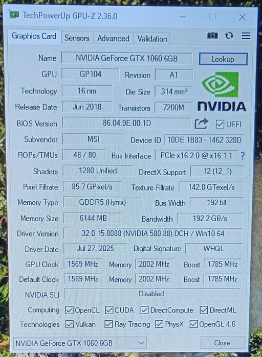 Nvidia GeForce GTX 1060 6GB GDDR5 192bit / MSI Gaming X