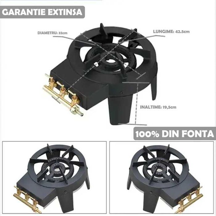 Pirostrie fonta, 3 robineti, 2 arzatoare, camping, arzator gaz, GPL