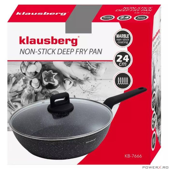 Tigaie din aluminiu turnat, marmorata, cu capac, neagra, 24cm,