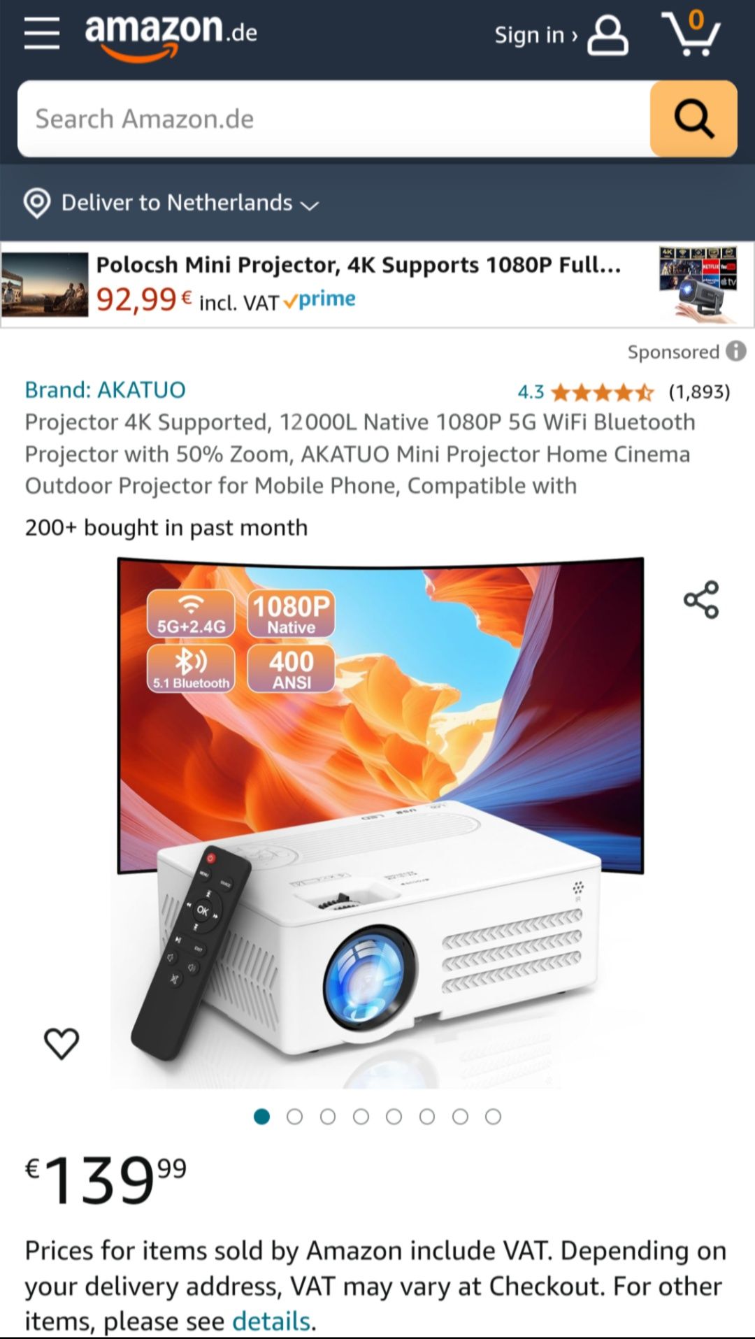 4K Проектор за домашно кино с 2.4/5G WIFI, BT 5.1, 12000 лумена, 200"