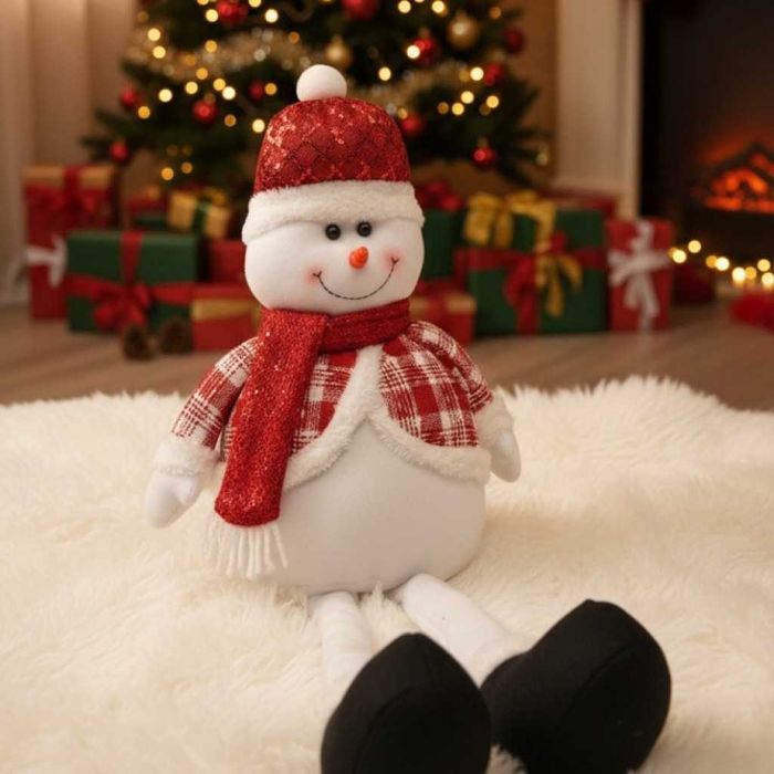 Декоративен коледен снежен човек с дълги крака 80 см