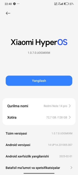 Xiaomi redmi note 14  yangi 6/128 aybi yoʻq karopka dakument bor