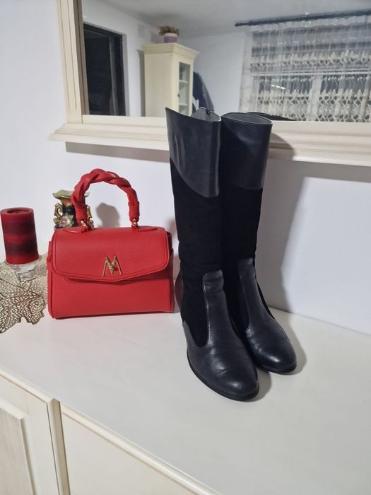 Cizme lungi din piele naturala neteda și întoarsă, toc comod;