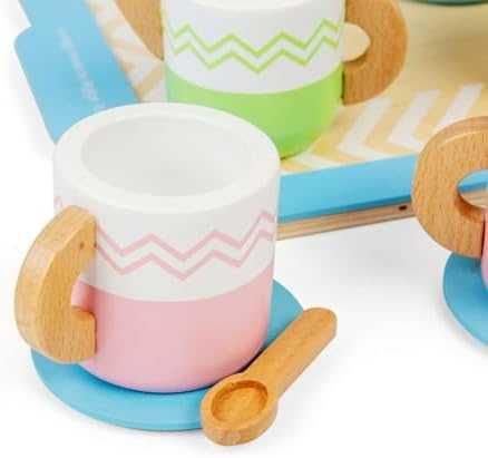 Нов Дървен комплект за чай с поднос 10 части играчка за деца 18 месеца