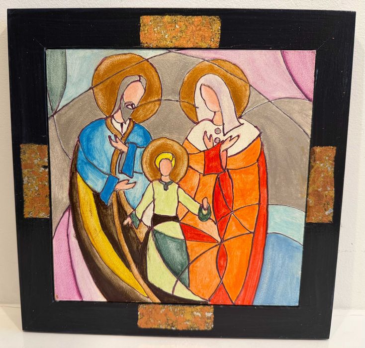 Icoana moderna- Sfanta familie-unicat, elemente foita aur, rama lemn