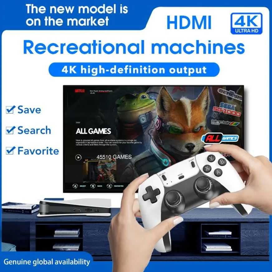 Игрова конзола RS5, 45 000+ игри, Два безжични джойстика, 4K UltraHD