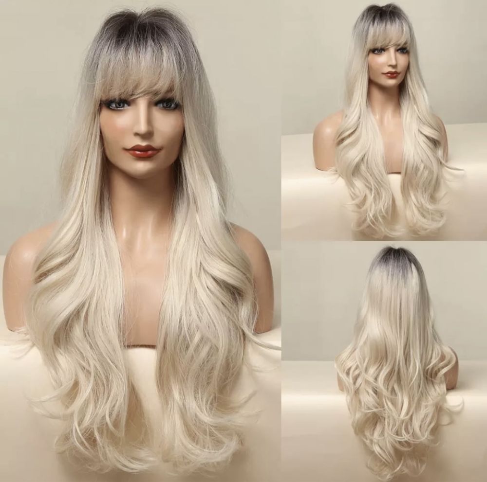 Peruca R145 Blonda Ombre Gri Silver Platinata blond platinat cu Breton