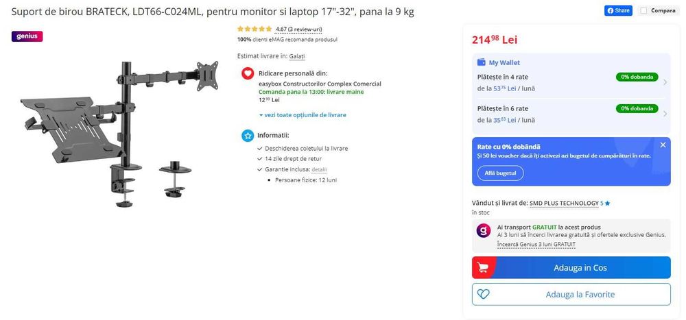 Suport de birou BRATECK, pentru monitor 17"-32"