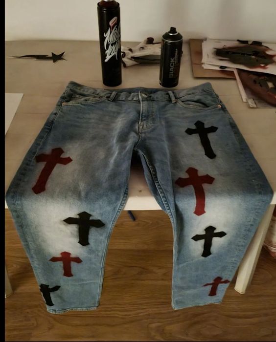 Blugi baggy/largi custom bape star/crosses y2k