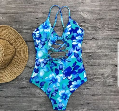 Costum de baie nou albastru intreg reglabil la spate si sutien s-m