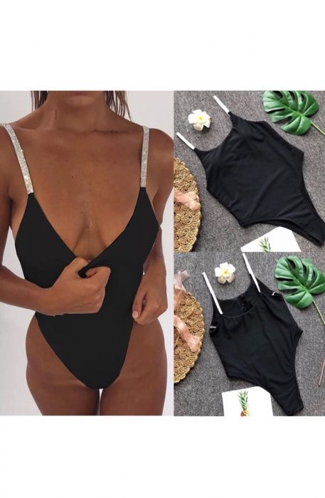 Costum de baie intreg Push Up negru cristale paiete banda argintie